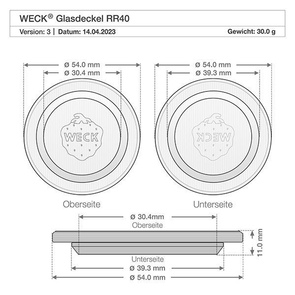 WECK glaslåg RR40 Teknisk tegning WECK glaslåg RR40 med målene 54 mm i diameter og 11 mm i højden