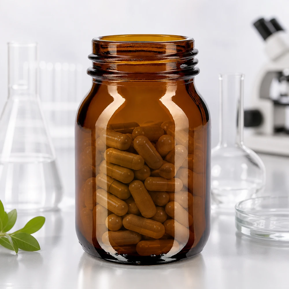 75 ml flaske med bred hals i ravfarvet glas med DIN 40-halsfinish Kompakt 75 ml apoteksflaske i ravfarvet glas med bred åbning til medicin