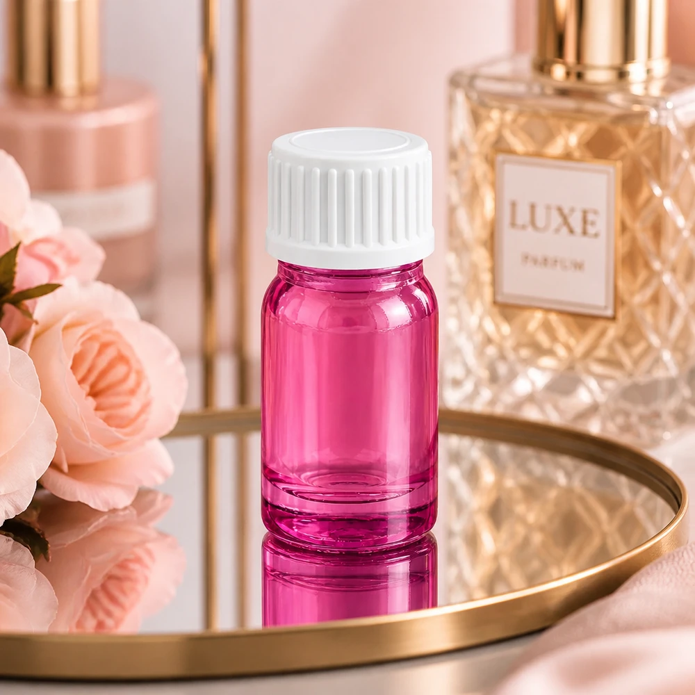 Kompakt 5 ml glasflaske i pink med hvidt låg til mobile parfume- og kosmetikapplikationer