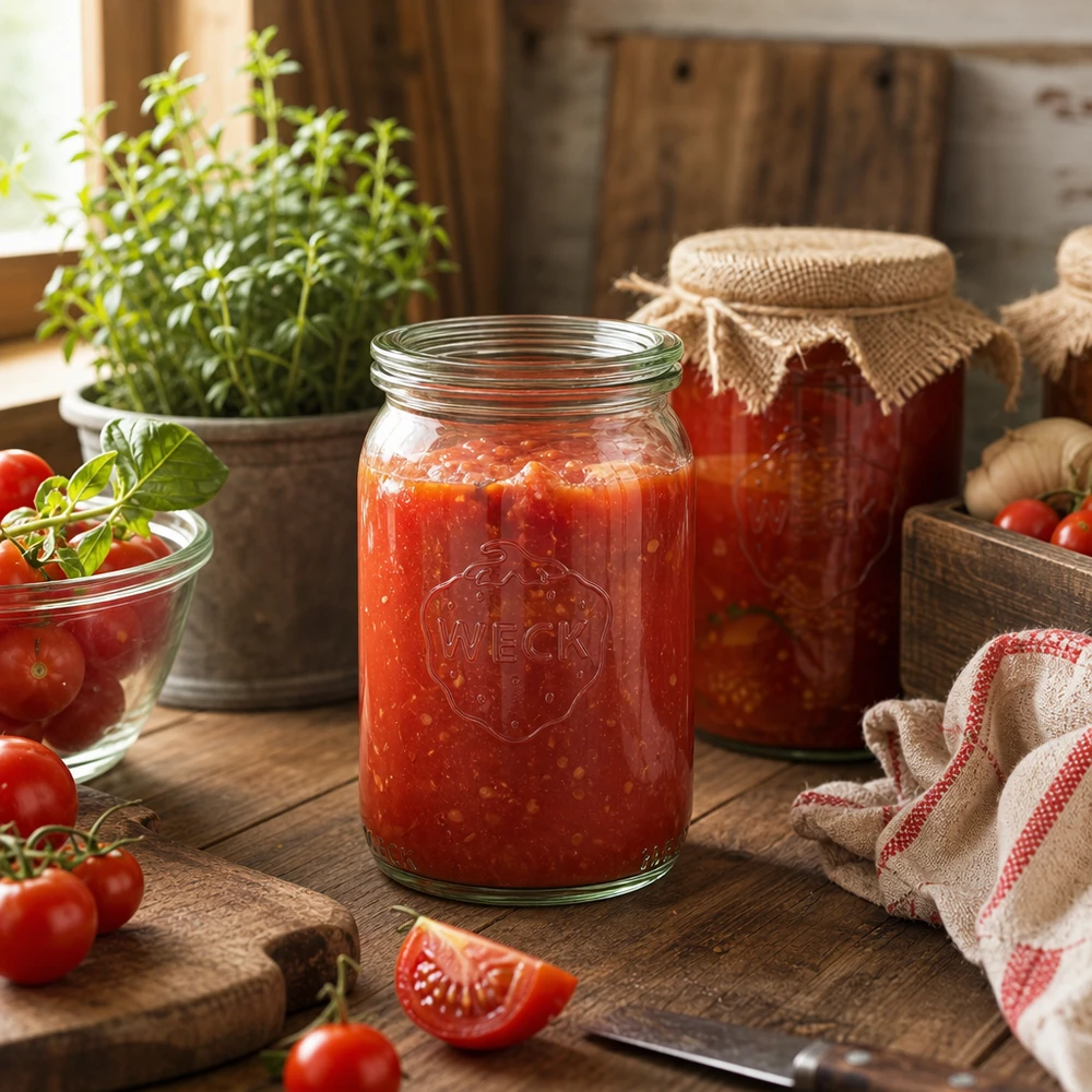 145 ml cylinderglas med glaslåg WECK RR40 WECK syltetøjsglas 145 ml fyldt med tomatsauce i rustikt køkken med friske tomater og krydderurter
