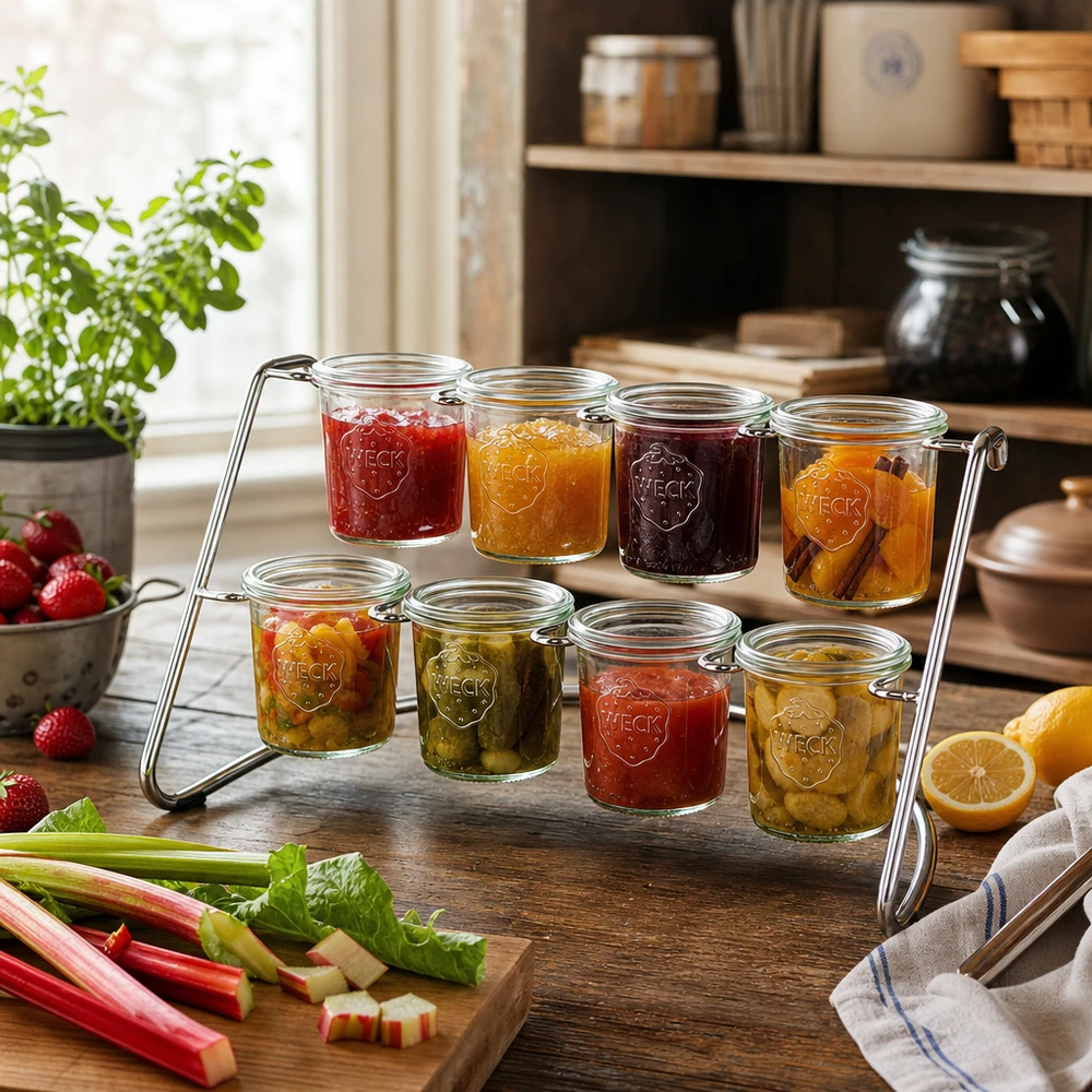 Flato8-serveringsstativ til 8 WECK-glas Flato8 serveringsstativ med farverige syltetøjer og marmelader arrangeret i WECK-krukker i en rustik køkkenindretning