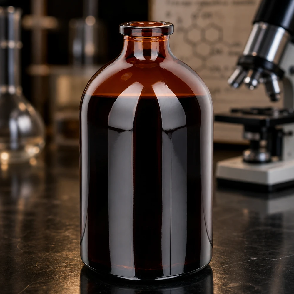 Injektionsflaske af ravfarvet glas 100 ml Hochwertige Braunglas Injektionsflasche 100ml mit glänzender Oberfläche auf schwarzer Laborplatte