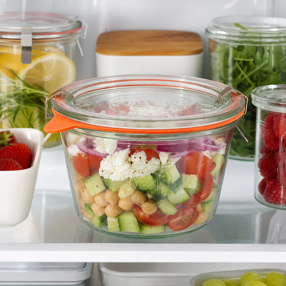 370 ml Briller komplet WECK RR100 WECK 370 ml RR100-bægre fyldt med frisk salat i køleskabet viser ideel opbevaring af Meal Prep