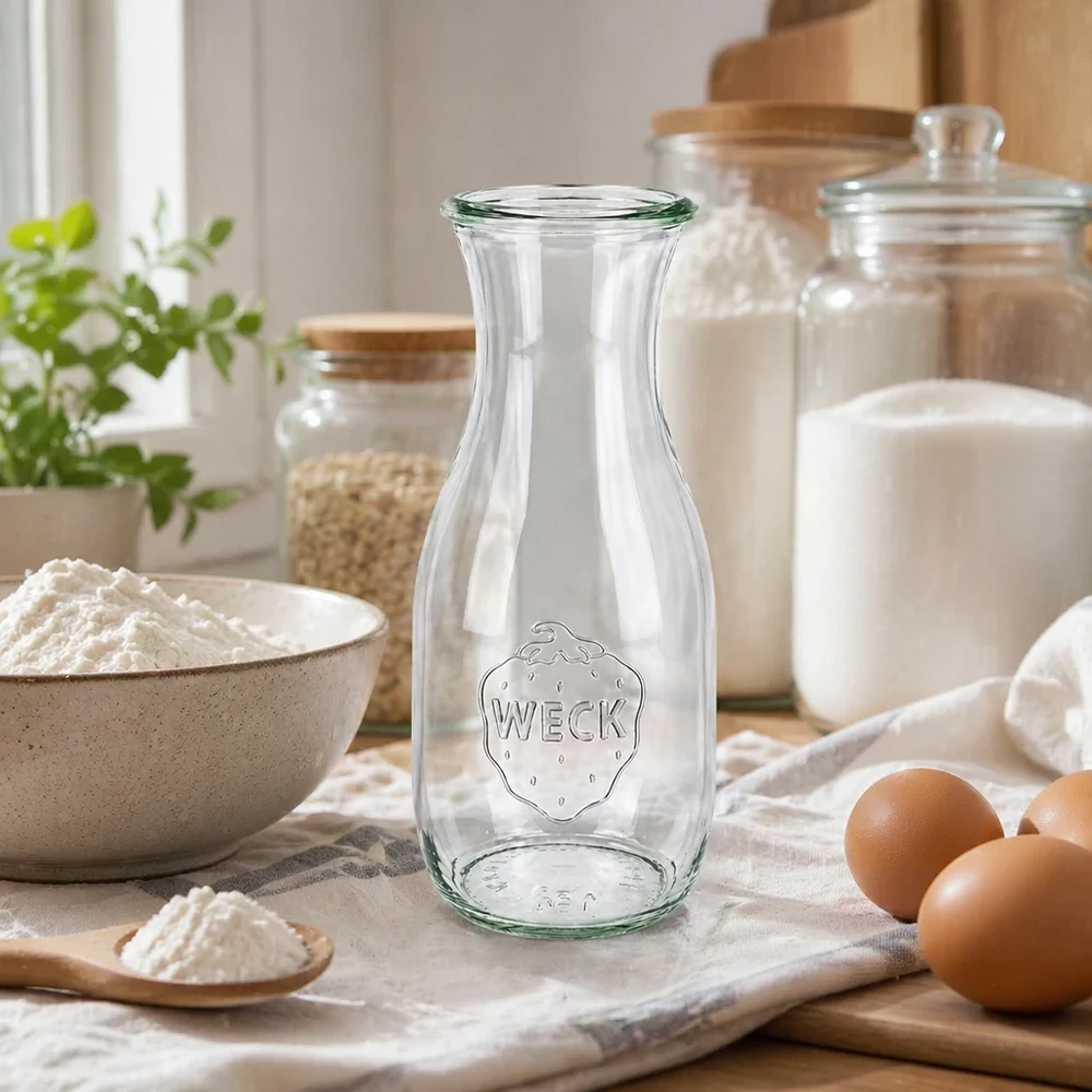 530 ml saftflaske WECK RR60 WECK Saftflasche 530ml RR60 leer in natürlicher Küchenszene mit Eiern Mehl und Vorratsgläsern für Backen kochen