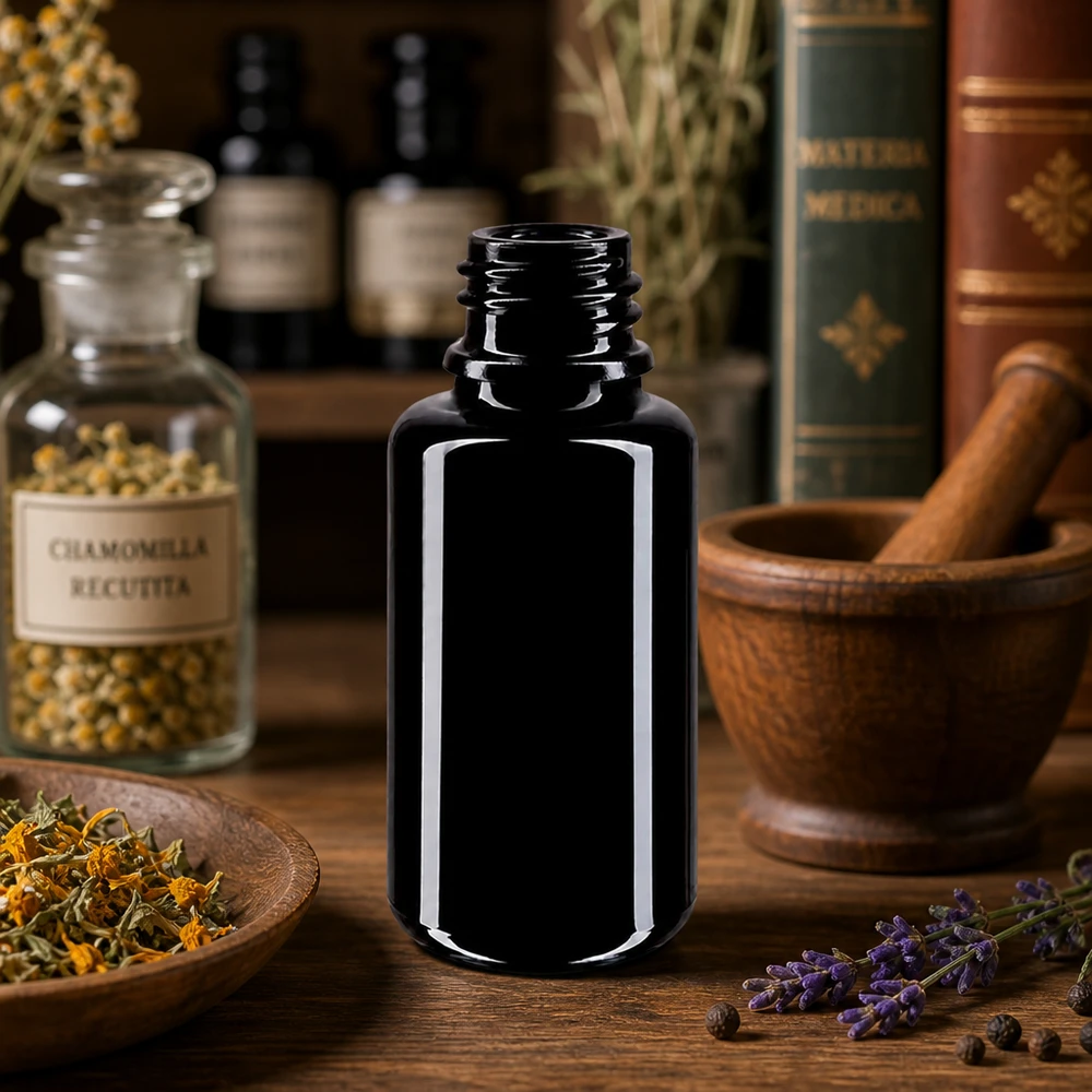 Violet glasflaske 20ml DIN 18 (Mironglas) Kompakt 20 ml Orion-dråbeflaske lavet af violet Miron-glas til aromaterapi.