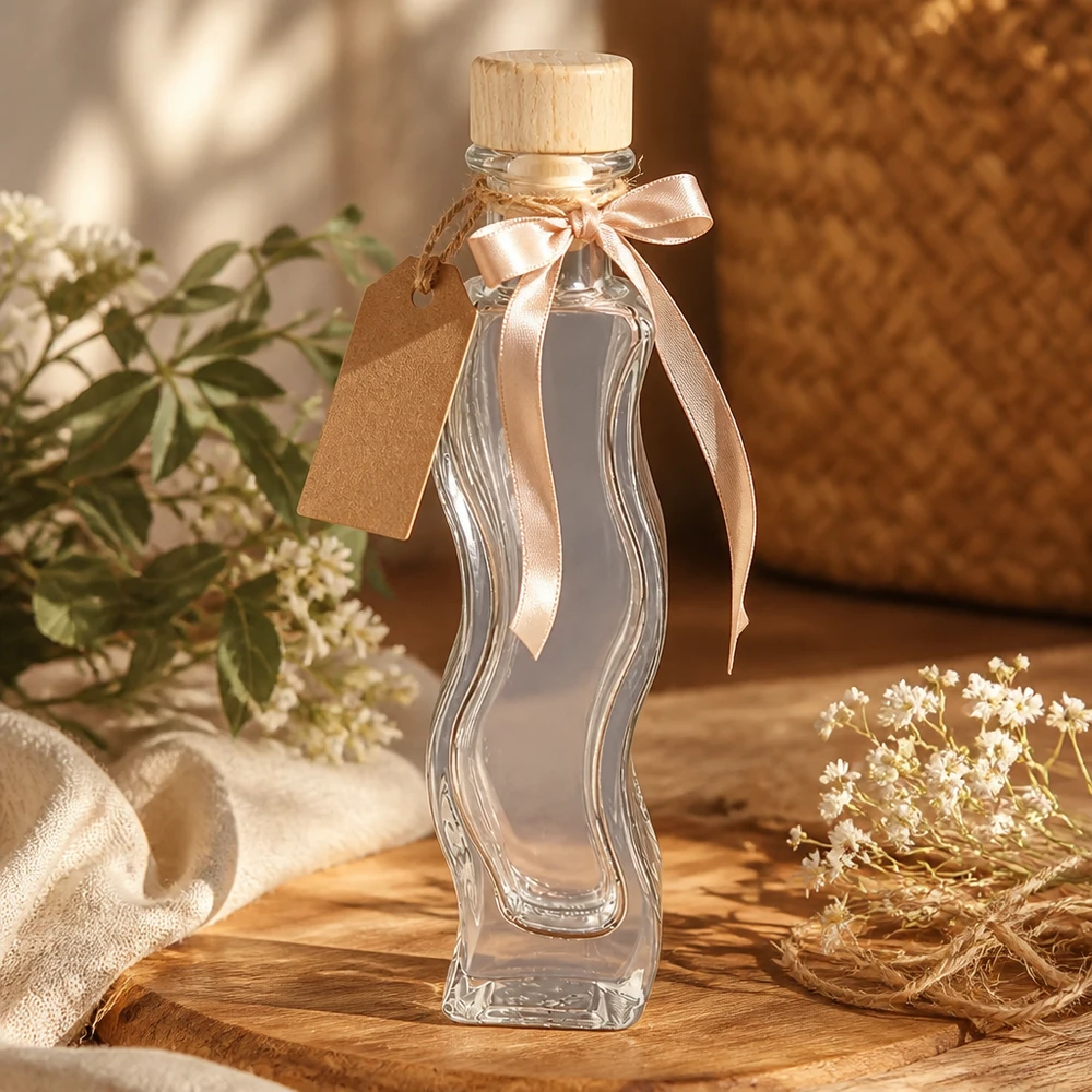 100 ml Glasflaske Melissa med træhåndtag og prop UNiTWIST® 100 ml Melissa-glasflaske som gave dekoreret med pink sløjfe kraftpapir-tag trækork naturlig dekoration