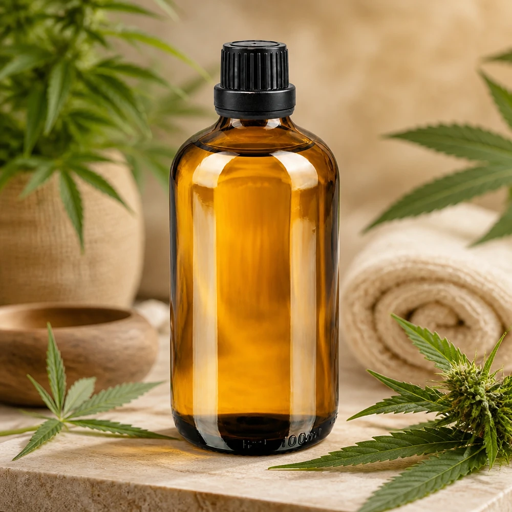 100 ml dråbeflaske af brunt glas med sort OV-lukning mellem cannabisblade på en stenbaggrund