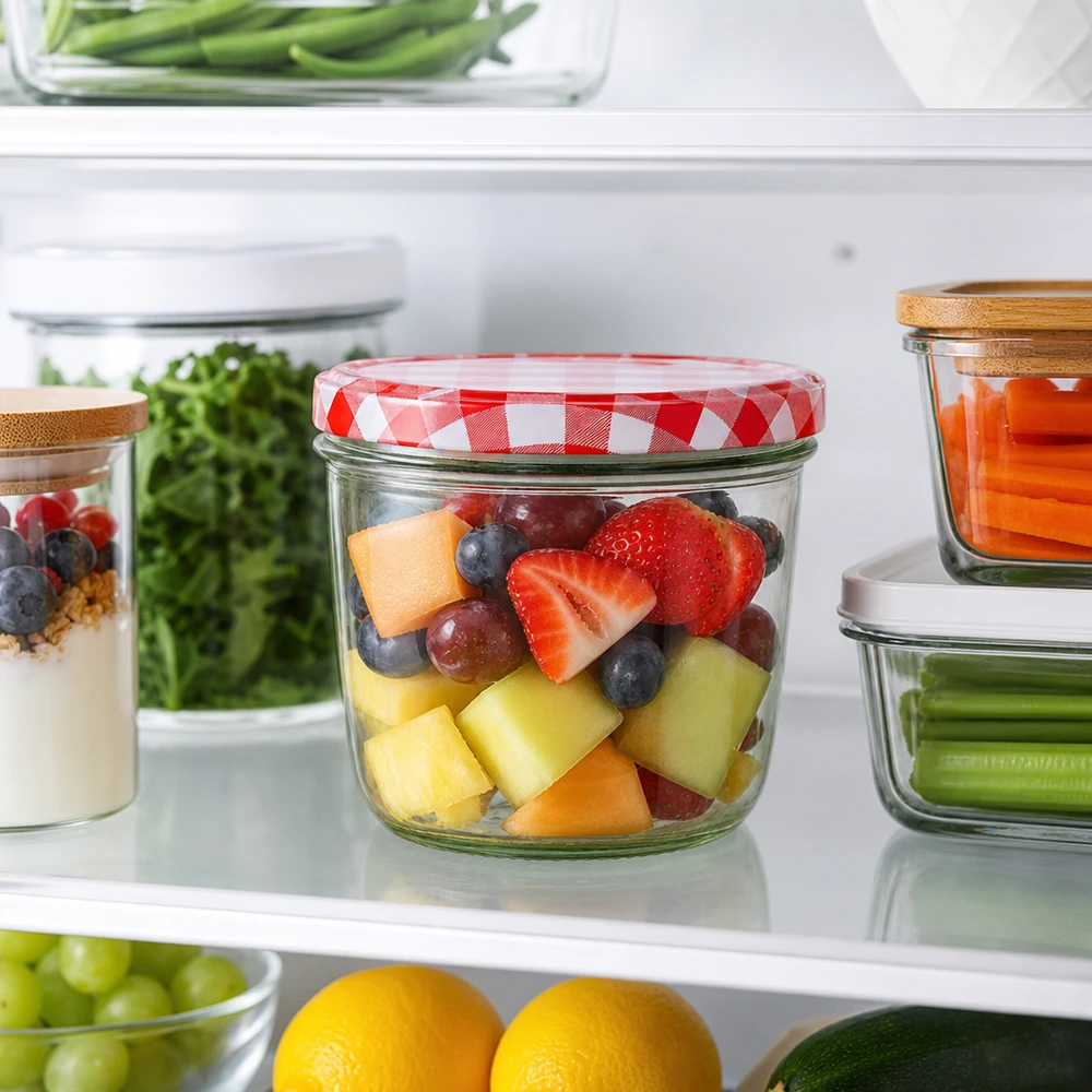 230 ml Briller + BasicSeal-låg rød/hvid UNiTWIST 230 ml glas med BasicSeal-låg, rød- og hvidternet, som beholder til frugtsalat i køleskabet, når du forbereder måltider