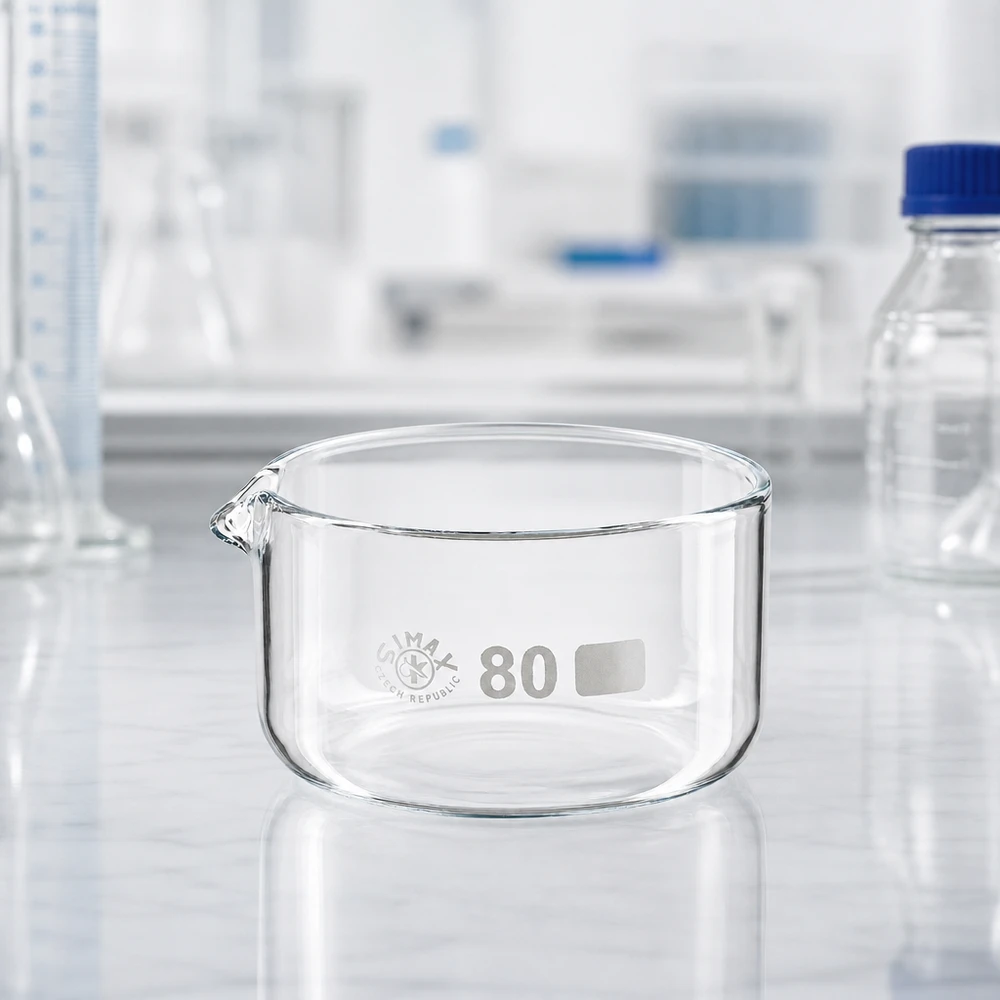 Tom krystalliseringsskål 150 ml med udløb til professionelt laboratoriemiljø, ø 80 mm, SIMAX