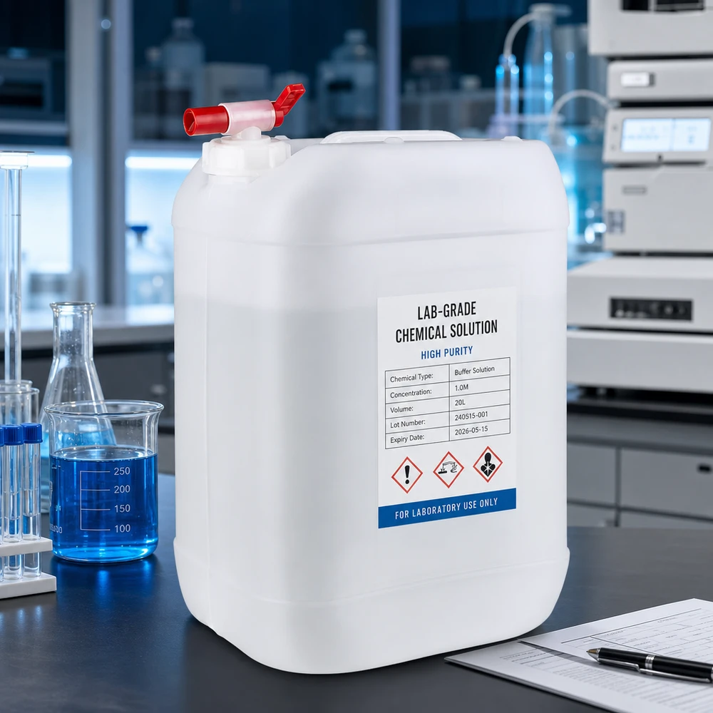 Beholder 25 liter med aftapningshane Laboratoriedunk på 25 liter med kemikalieetiket og rødt tømmehan til bufferopløsning