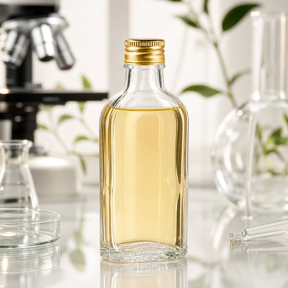 100 ml Meplat klar med aluminiumshætte guld PP22 Gennemsigtig 100 ml Meplat-flaske med gylden PP22-skruelåg i et videnskabeligt laboratorium