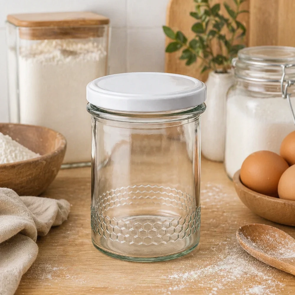 560 g honningglas med hvidt BasicSeal UNiTWIST-låg 400 ml honningkrukke med bikagemønster i køkkenet ved siden af æg, mel og opbevaringskrukker naturligt køkkenudstyr BasicSeal