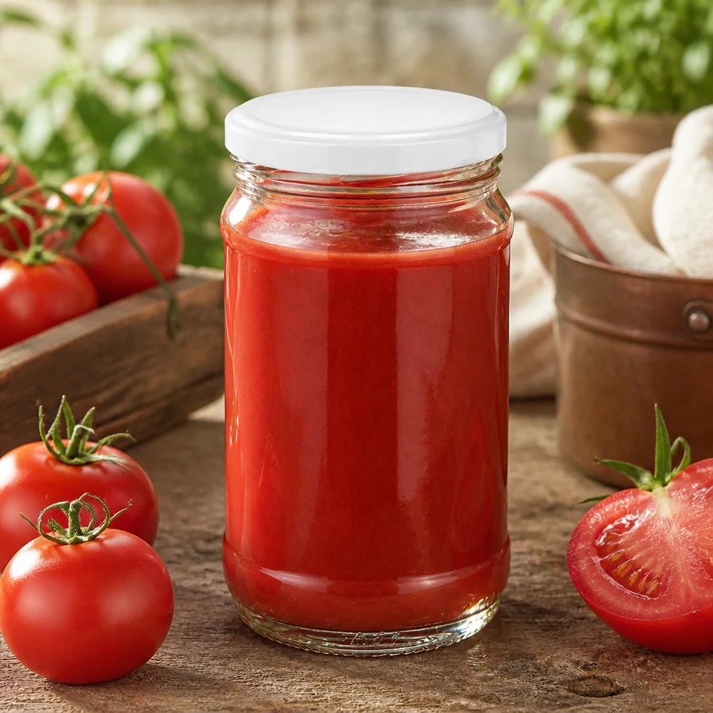 370 ml UNiTWIST rundt glas med hvidt BasicSeal-låg, fyldt med tomatsauce omgivet af friske tomater