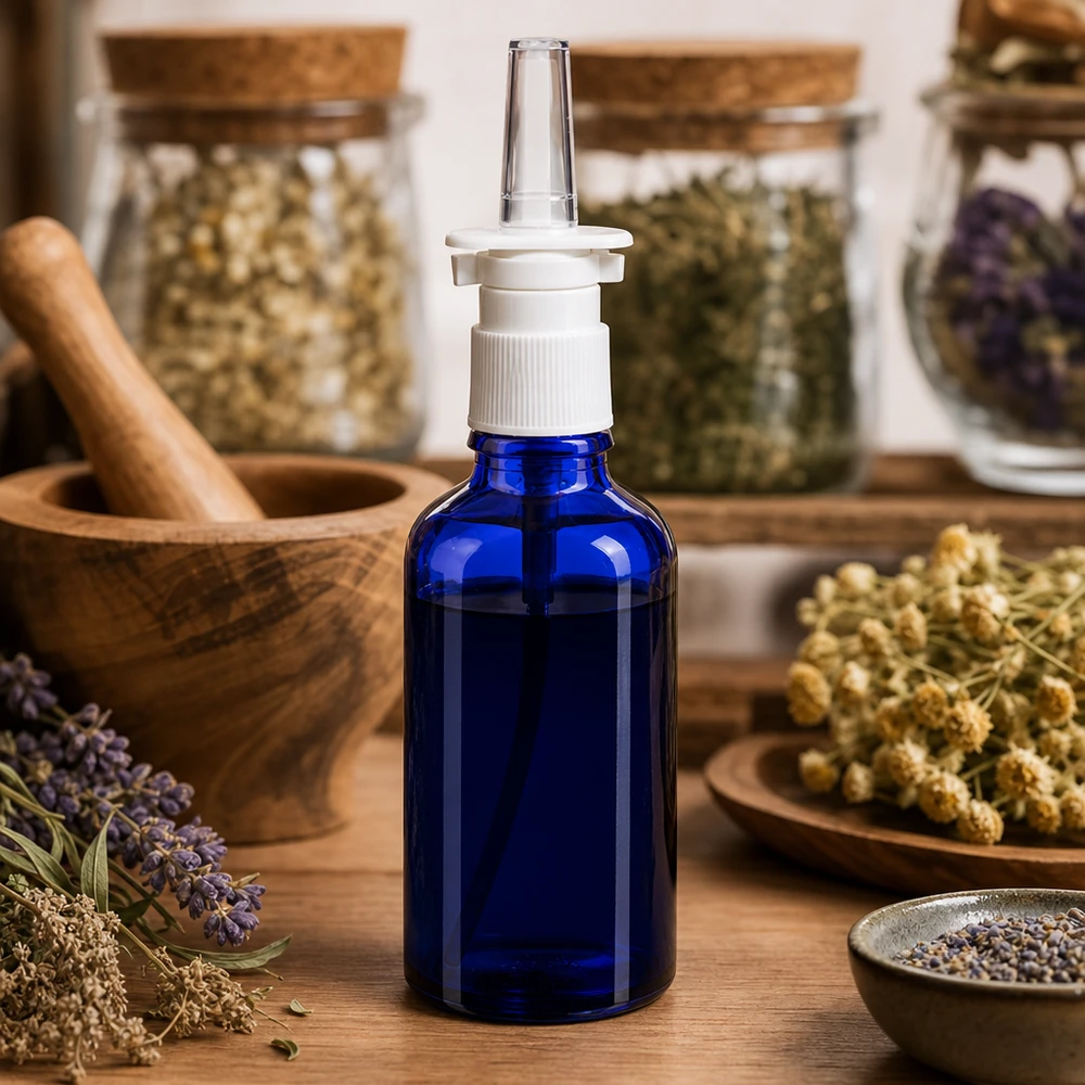 Apoteksflaske blå 50 ml næseforstøver hvid St Farmaceutisk 50 ml sprøjteflaske i blå med urter og naturmedicinske tilbehør i baggrunden