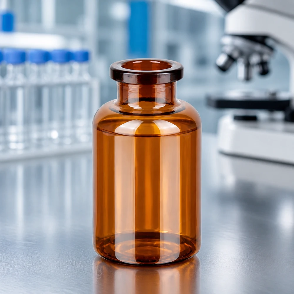 Injektionsflaske af ravfarvet glas 20 ml Pharmazeutische Braunglas Injektionsflasche 20ml mit flachem Boden und breitem Körper