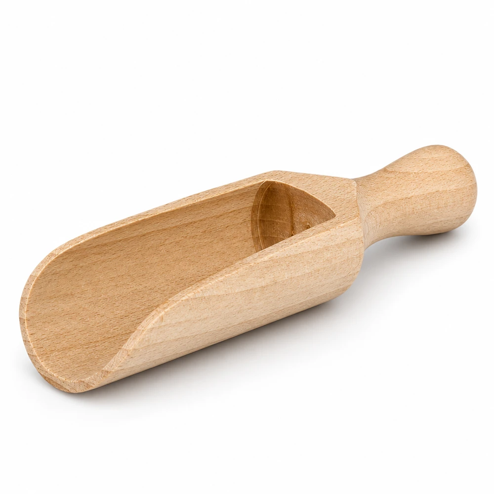 Træspade størrelse M, halvcirkelformet, 14 cm lang Træspade M 14 cm enkeltvis med synlige træårer og ergonomisk håndtag for optimalt greb