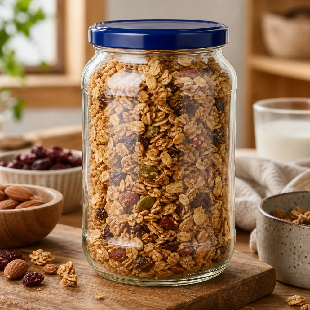 1062 ml rund krukke + BasicSeal-låg blå UNiTWIST 1062ml rund krukke UNiTWIST blåt låg med müsli nødder tørret frugt opbevaringskrukke køkken træplade