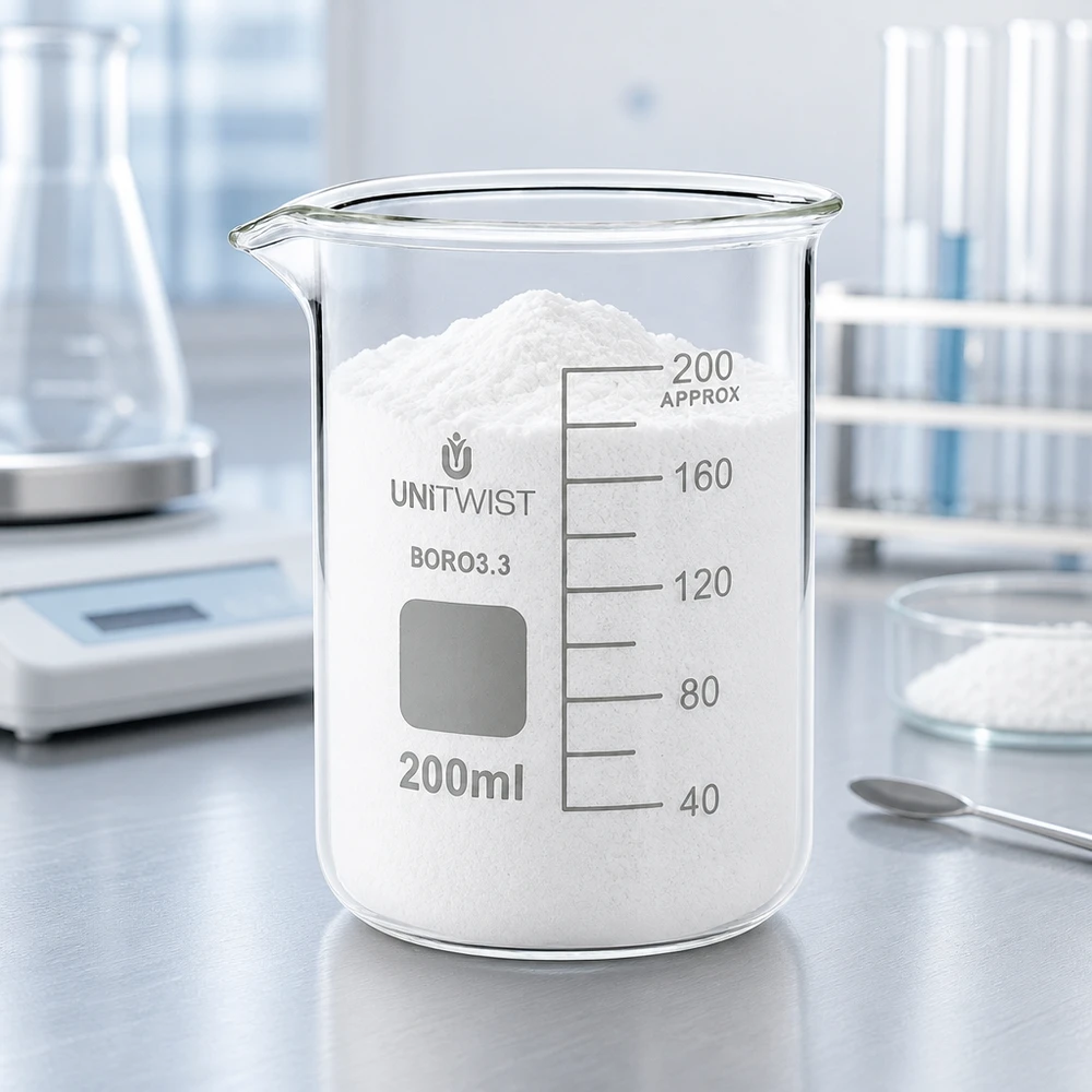 Bæger 200 ml borosilikat, lav skimmel UNiTWIST Et 200 ml måleglas fyldt med hvidt pulver på en laboratorievægt viser målenøjagtigheden