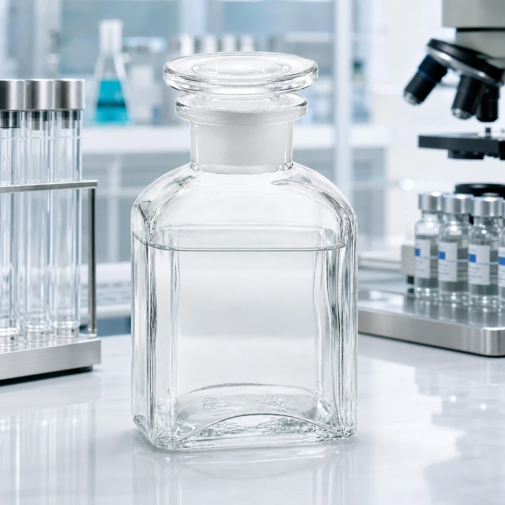 Firkantet flaske 150 ml klar glasprop med bred hals Rektangulær laboratorieflaske på 150 ml af klart glas med bred åbning og indslibet prop