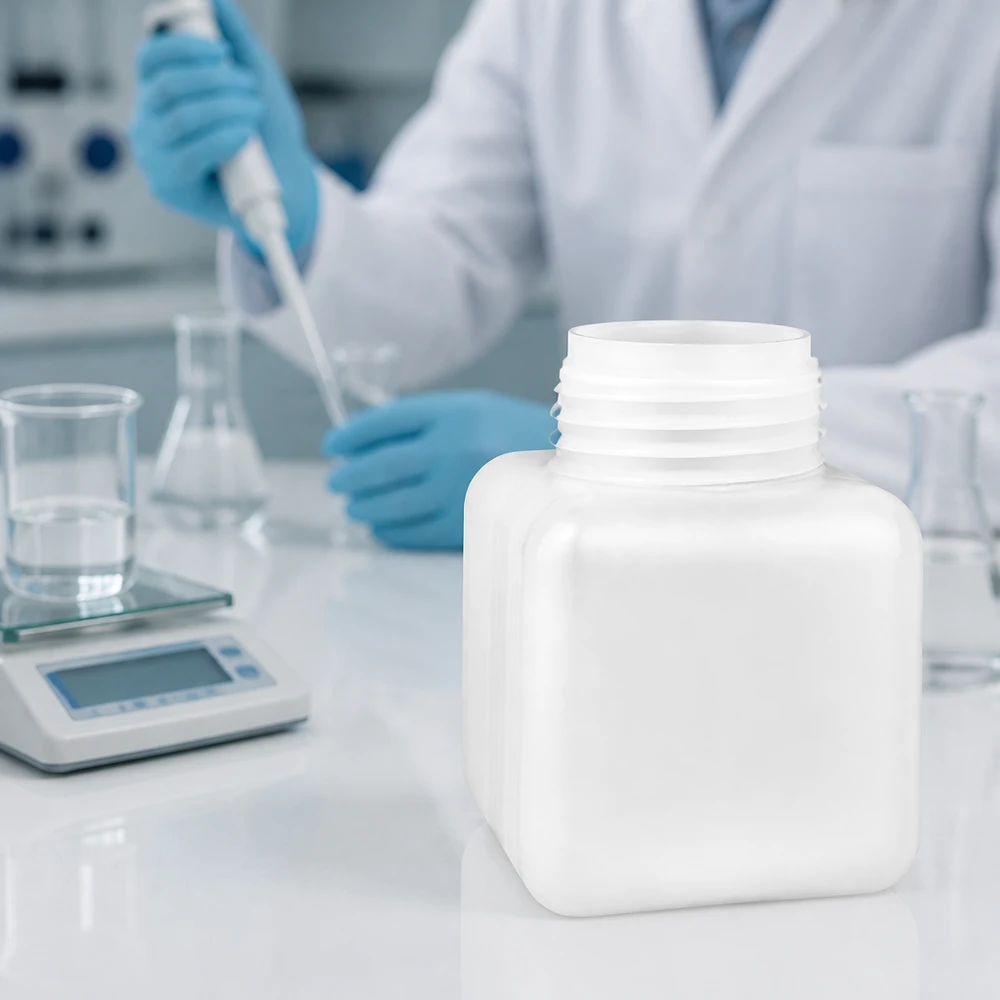 Kemikalieflaske 500 ml PE-HD, naturfarvet, bredhalset, på en laboratorievægt ved siden af en Erlenmeyer-kolbe