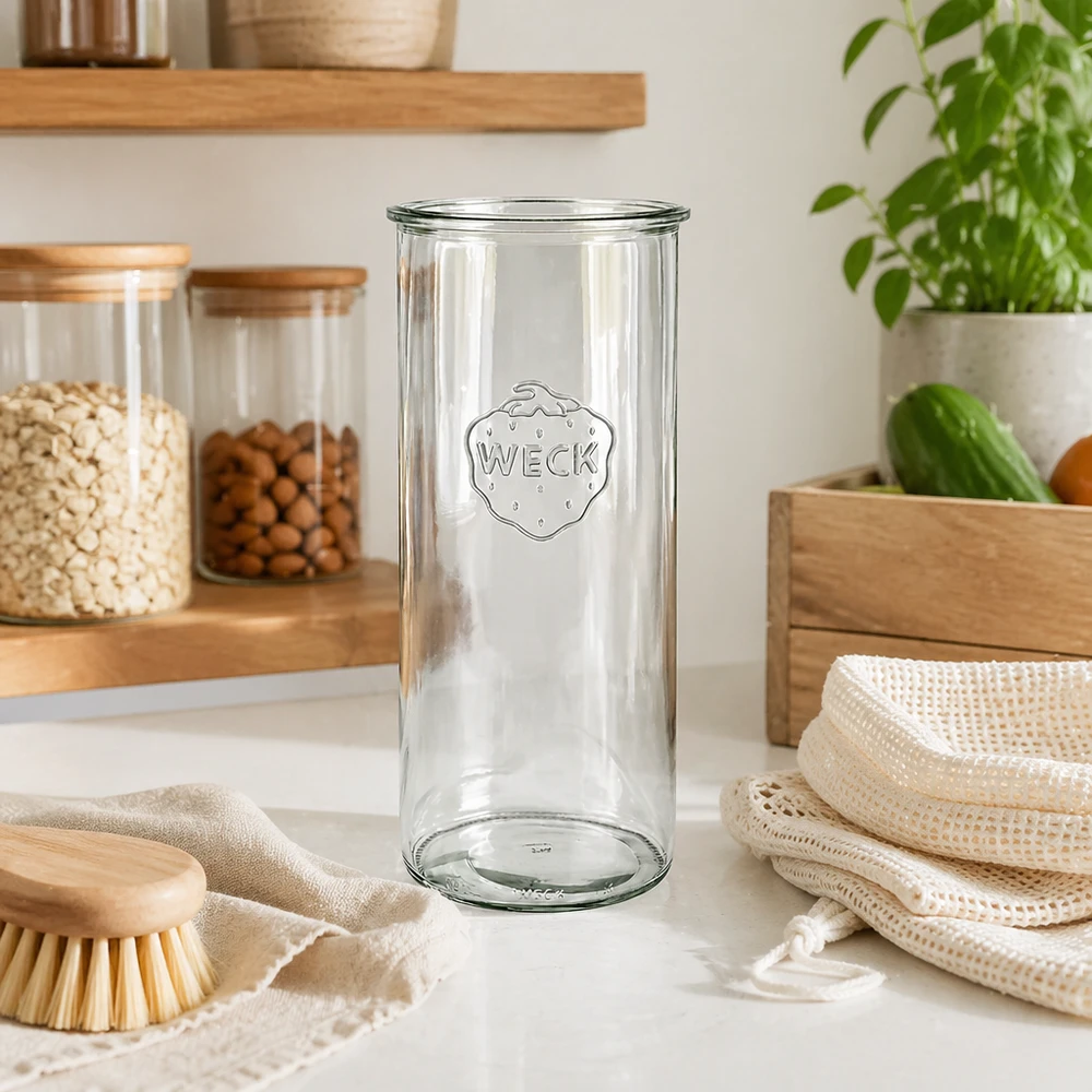 1500 ml WECK RR100-glas med skrå kant 1500 ml WECK RR100 murerbalje i et moderne køkken med træhylder og bæredygtige produkter