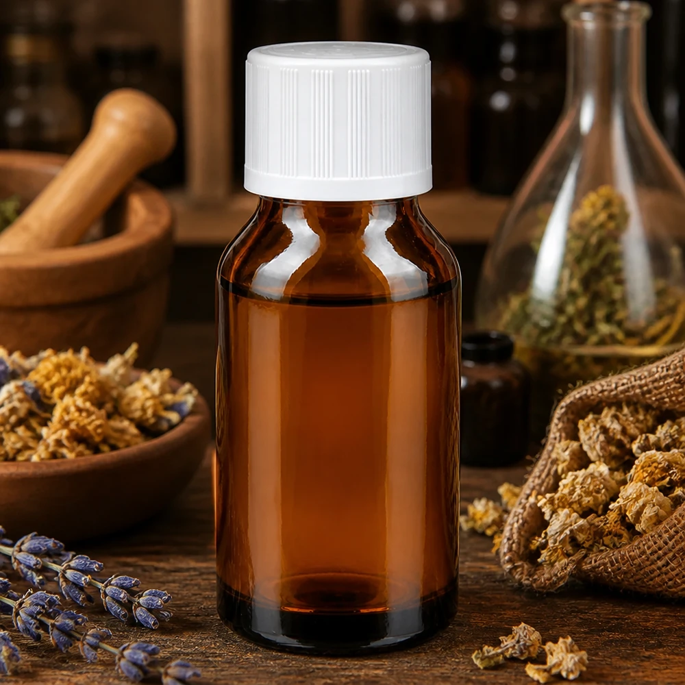 Apoteksflaske brun 30ml dråbetæller hvid KiSi St Brun glasflaske på 30 ml med hvid sikkerhedslås mellem tørrede urter og lavendel