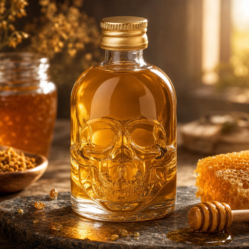 50 ml glasflaske »Hector« og skruelåg guld UNiTWIST® Glasflaske Hector 50 ml med kranieprægning fyldt med honning ved siden af honningkage og honningske i varmt køkken