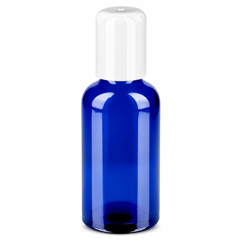 50 ml roll-on-flaske blå med hvid hætte til kosmetik og æteriske olier