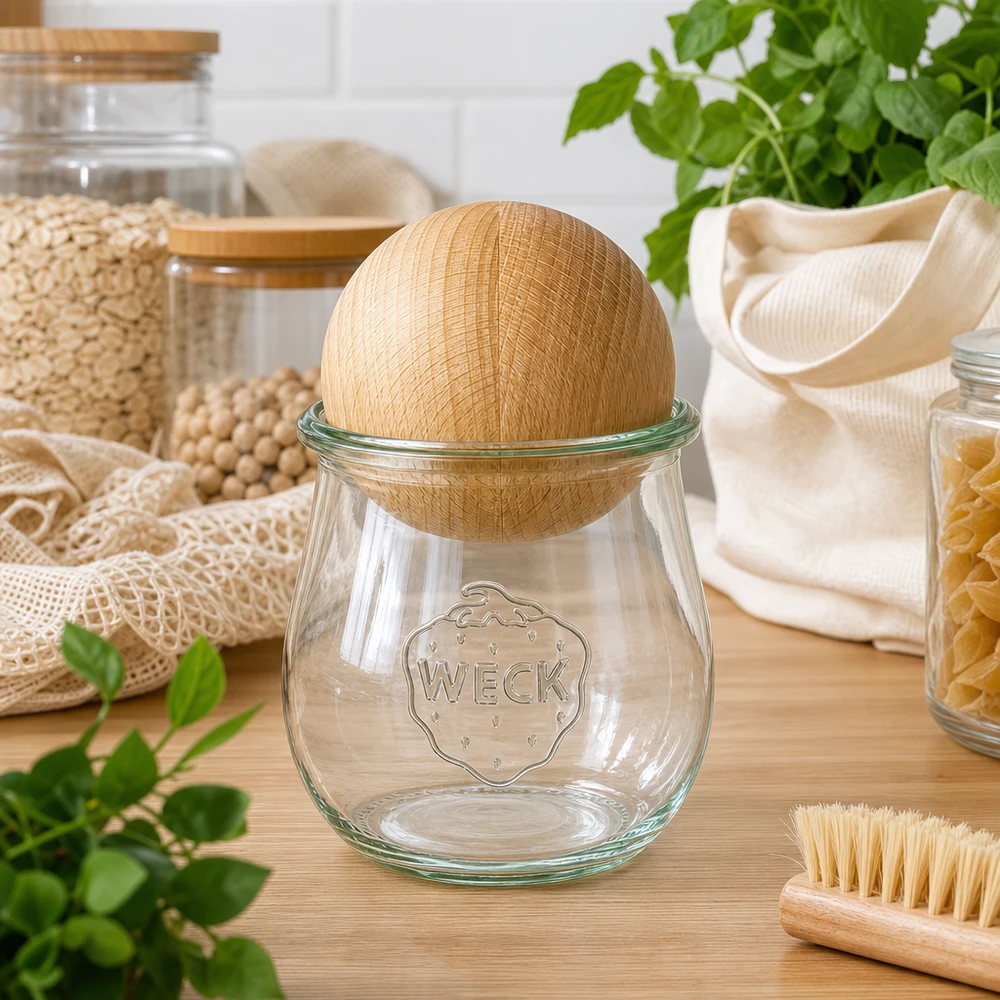 220 ml tulipankrukke WECK RR60 med trækugle bøg WECK Tulpenglas RR60 220ml mit Buchenholzkugel in nachhaltiger Zero-Waste Küche neben Naturfasern und Kräutern