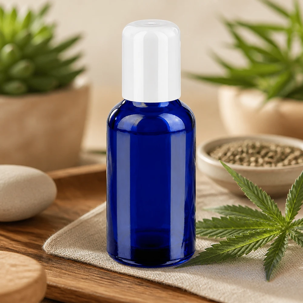 Tom 30 ml roll-on-flaske af blåt glas med hvid plasthætte til DIY-kosmetik
