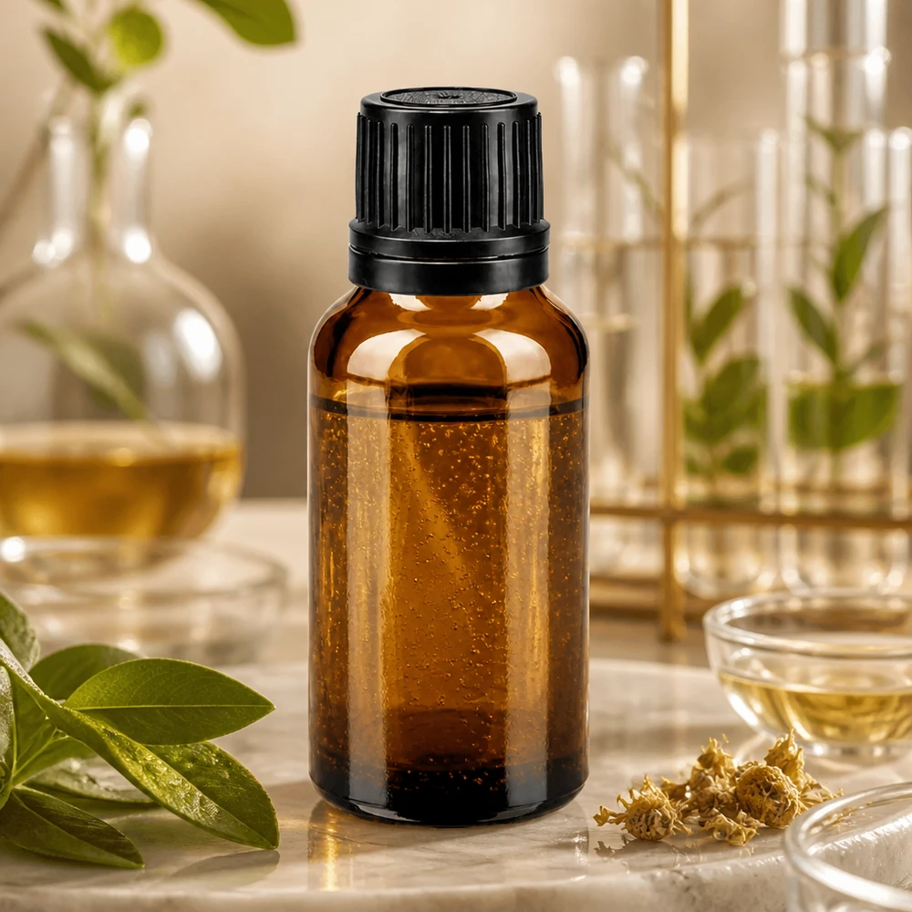 Apoteksflaske brun 20ml skruelåg sort hælde r. OV 20 ml glasflaske i ravfarve med sort originalitetslukning på 8 mm til lægemidler