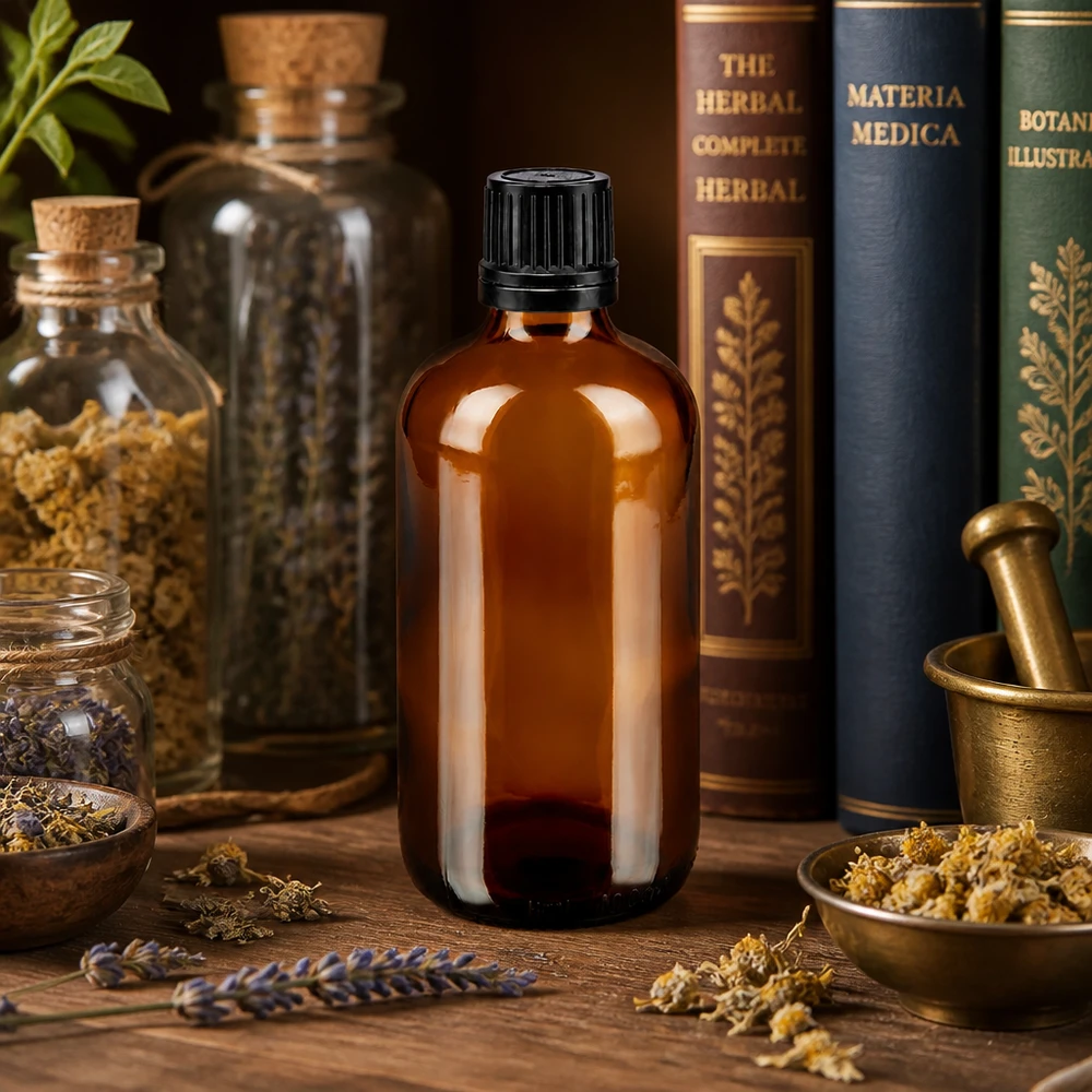 100 ml dråbeflaske af brunt glas med sort ydre emballage ved siden af urtebøger og morter