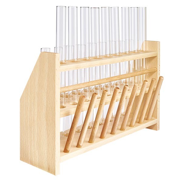 Reagensglasstativ i træ med 18 reagensglas plus sodakalk 160x16