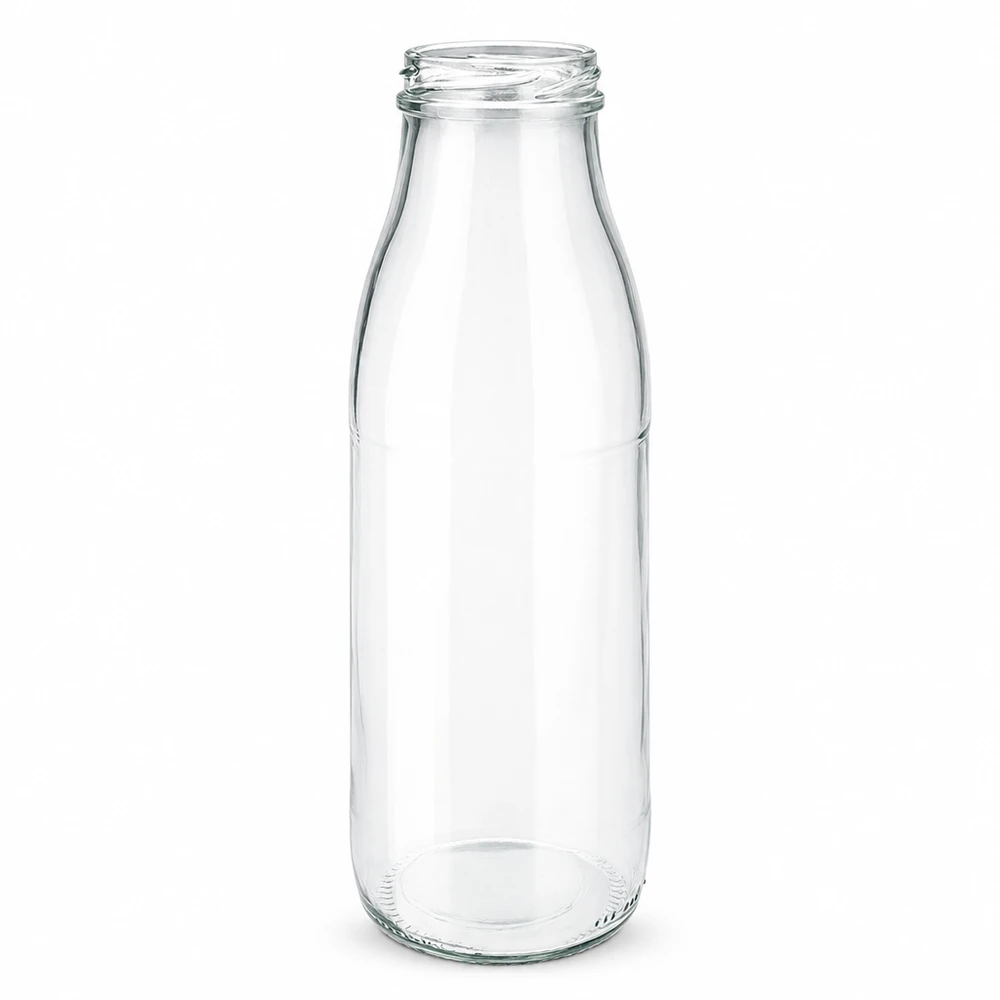 500 ml glasflaske uden låg (TO48) UNiTWIST. Absolut lækagesikker med stor åbning. Til mælk, juice og limonade. Kræver TO48-låg 500ml Glasflasche ohne Deckel transparent TO48 UNiTWIST für Milch Saft und Getränke aus hochwertigem Glas
