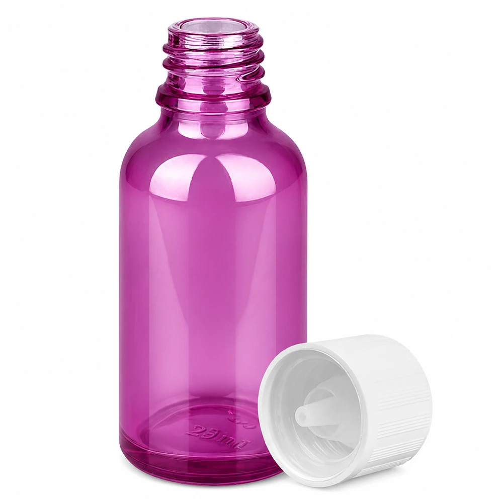 30 ml dråbeflaske 1,2 mm hvid standard børnesikret PurpleLine.UT18/30 Lilla glasflaske 30 ml med dråbehætte til æteriske olier og kosmetiske anvendelser