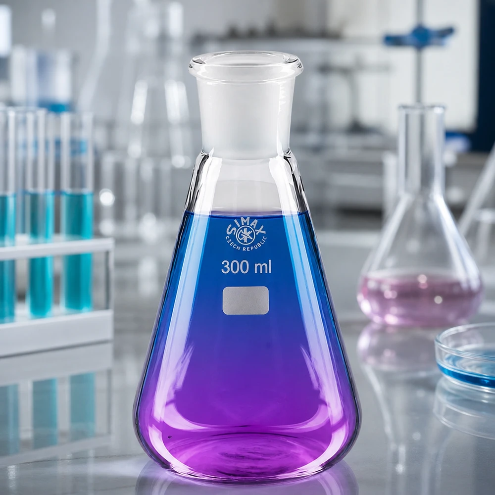 Erlenmeyer-kolbe 300 ml med standard slebet led (29/32) Erlenmeyer-kolbe 300 ml med violet væske og standard slebet led 29/32 til kemiske eksperimenter
