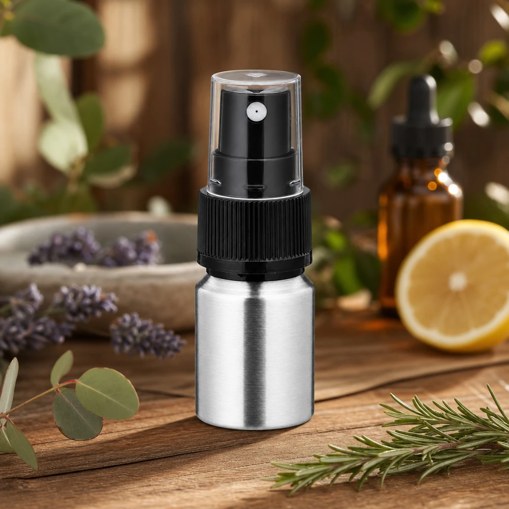 10 ml flaske i poleret aluminium med forstøver Lille 10 ml aluminiumsflaske med pumpesprøjte - ideel rejsestørrelse til æteriske olier og parfume