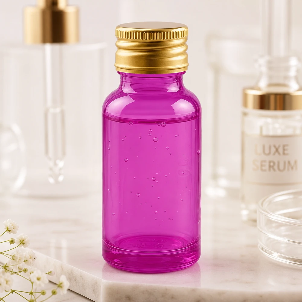 20 ml flaske 11 mm skruelåg aluminium guld standard PurpleLine. UT18/20 Premium 20 ml glasflaske i lyslilla med elegant guldaluminiumshætte til luksusserum