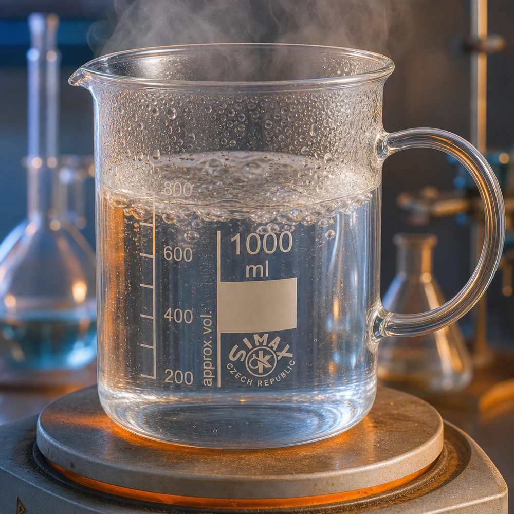 Bæger 1000 ml borosilikatglas, med håndtag Kogende vand i et 1000 ml bægerglas med hank på en varmeplade i laboratoriet