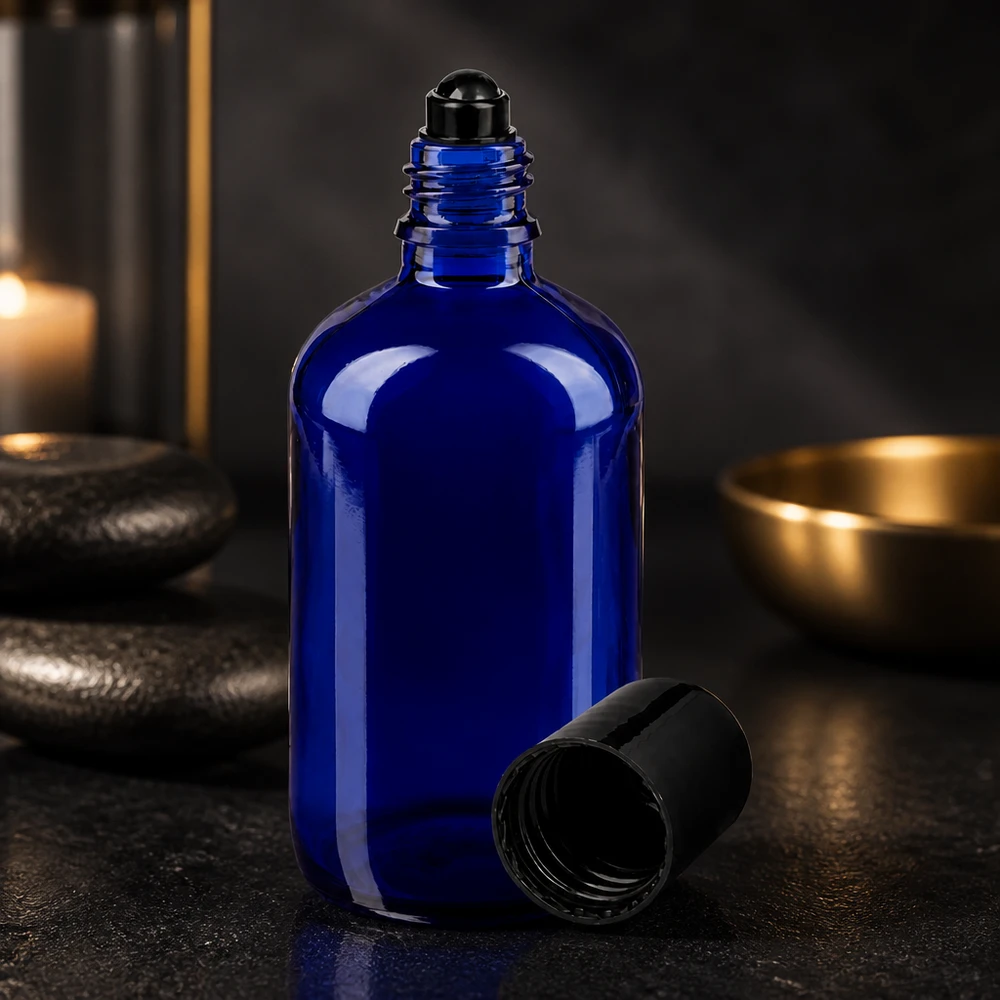 Apoteksflaske blå 100 ml roll-on-hætte sort Koboltblå 100 ml apotekerflaske med sort roll-on-hoved og skruelåg