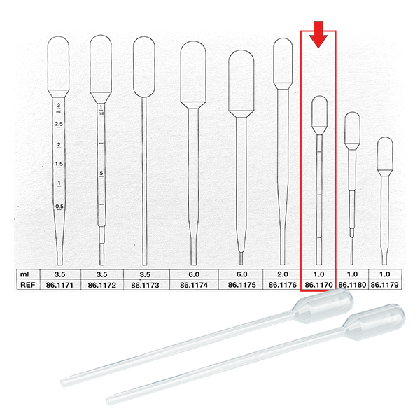 Transferpipette, nominel volumen: 1 ml, (LxB): 115 x 10 mm, materiale: LD-PE, transparent, dråbestørrelse: 40 µl - 50 µl, indsprøjtningsgrad op til 0,3 ml, 500 stk./karton Transferpipette, nominel volumen: 1 ml, (LxB): 115 x 10 mm, materiale: LD-PE, transparent, dråbestørrelse: 40 µl - 50 µl, indsprøjtningsgrad op til 0,3 ml, 500 stk./karton