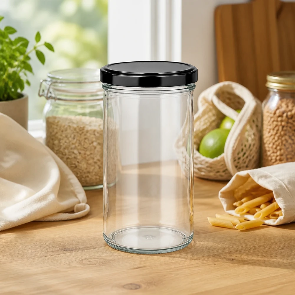 277 ml Briller med BasicSeal-låg sort UNiTWIST 277ml Sturzglas mit schwarzem Deckel umgeben von nachhaltigen Vorratsbehältern und Zero-Waste-Produkten auf Küchenarbeit