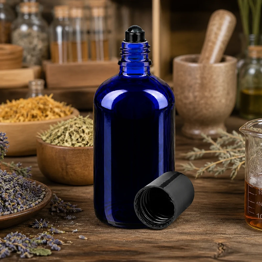 Apoteksflaske blå 100 ml roll-on-hætte sort Blå 100 ml apotekerflaske med sort rullekugle mellem tørrede urter og lavendel