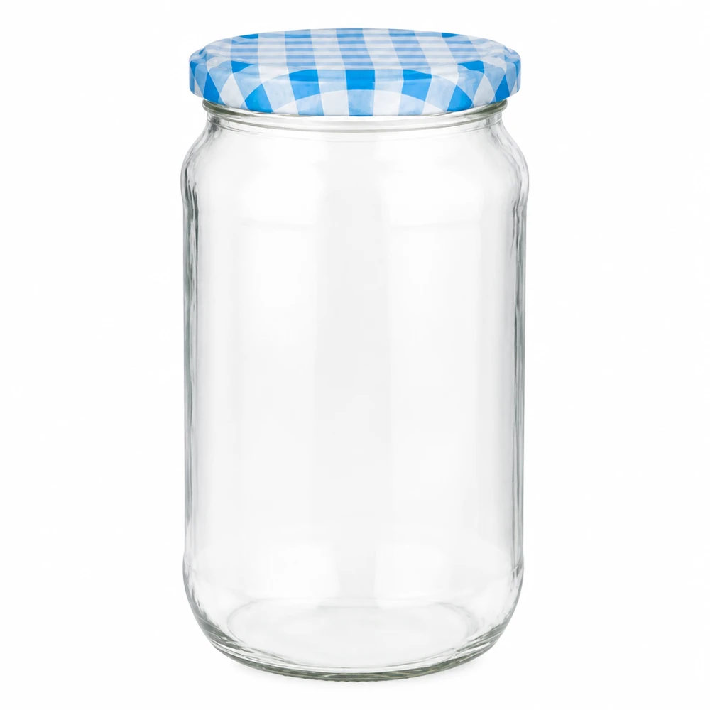 1062 ml rund krukke + BasicSeal-låg blå/hvid UNiTWIST 1062 ml rund krukke med blå- og hvidternet BasicSeal-låg, tom syltekrukke til konserves og opbevaring