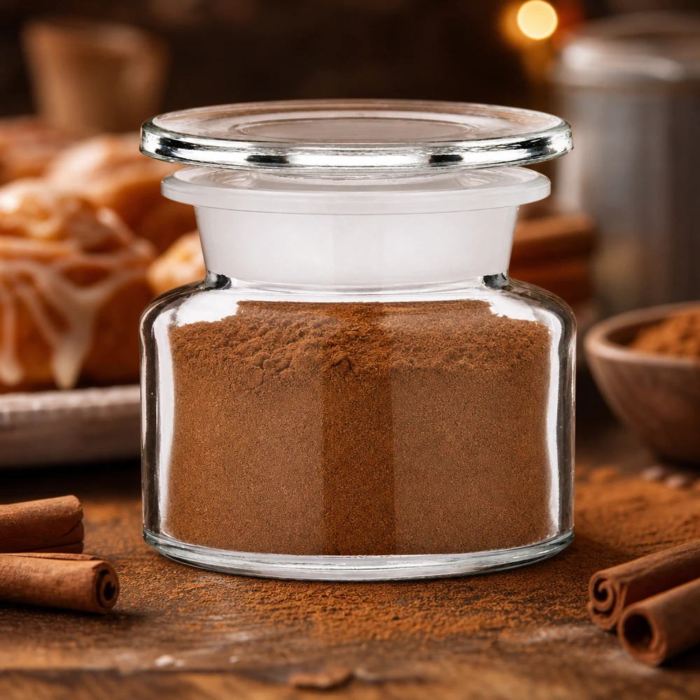 Idé til krydderiglas: apotekerflaske 50 ml med bred hals i klart glas Apotekerflaske, 50 ml, bredhalset, klart glas, med malet kanel og kanelstænger på et træbræt