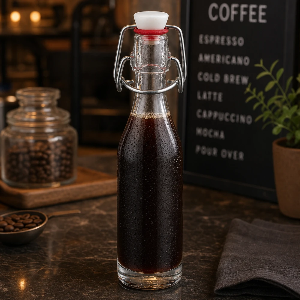 50 ml glasflaske og hængelukning PVC UNiTWIST 50ml Glasflasche mit Bügelverschluss gefüllt mit Cold Brew Kaffee in stilvoller Café-Atmosphäre mit Kaffeebohnen
