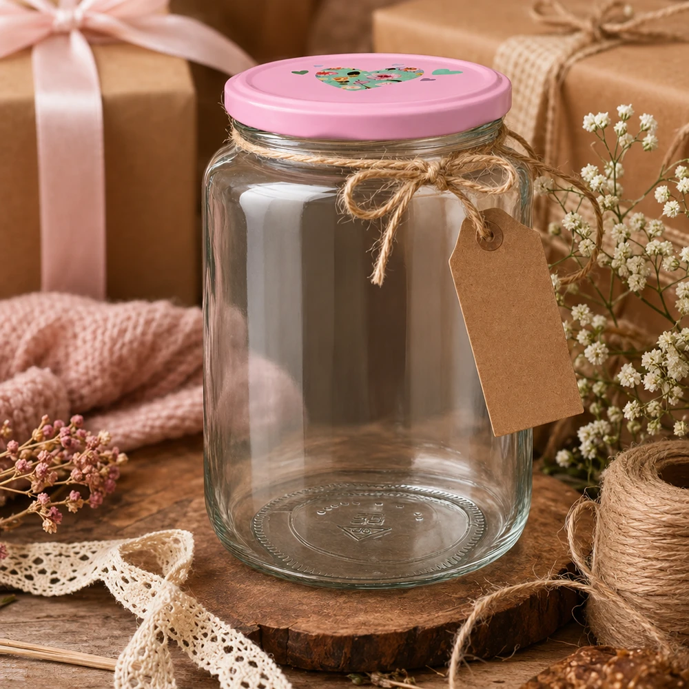 795 ml rund krukke + BasicSeal låg, lyserødt hjerte, UNiTWIST Dekoratives Rundglas 795ml mit rosa Herzdeckel als Geschenkidee rustikale Präsentation mit Anhänger und Juteschnur