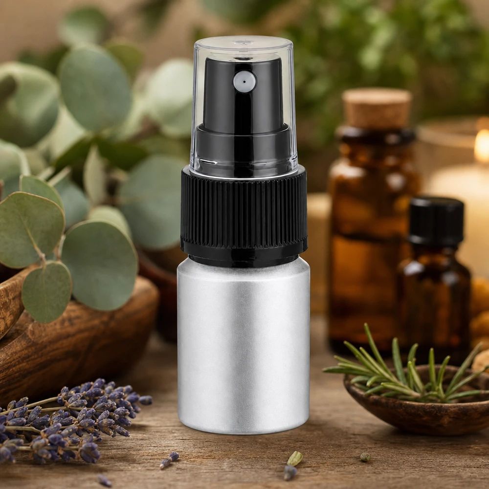 10 ml farvet aluminiumsflaske med forstøver Bejdset 10 ml aluminiumsflaske med sprayhoved til æteriske olier og aromaterapi sølv