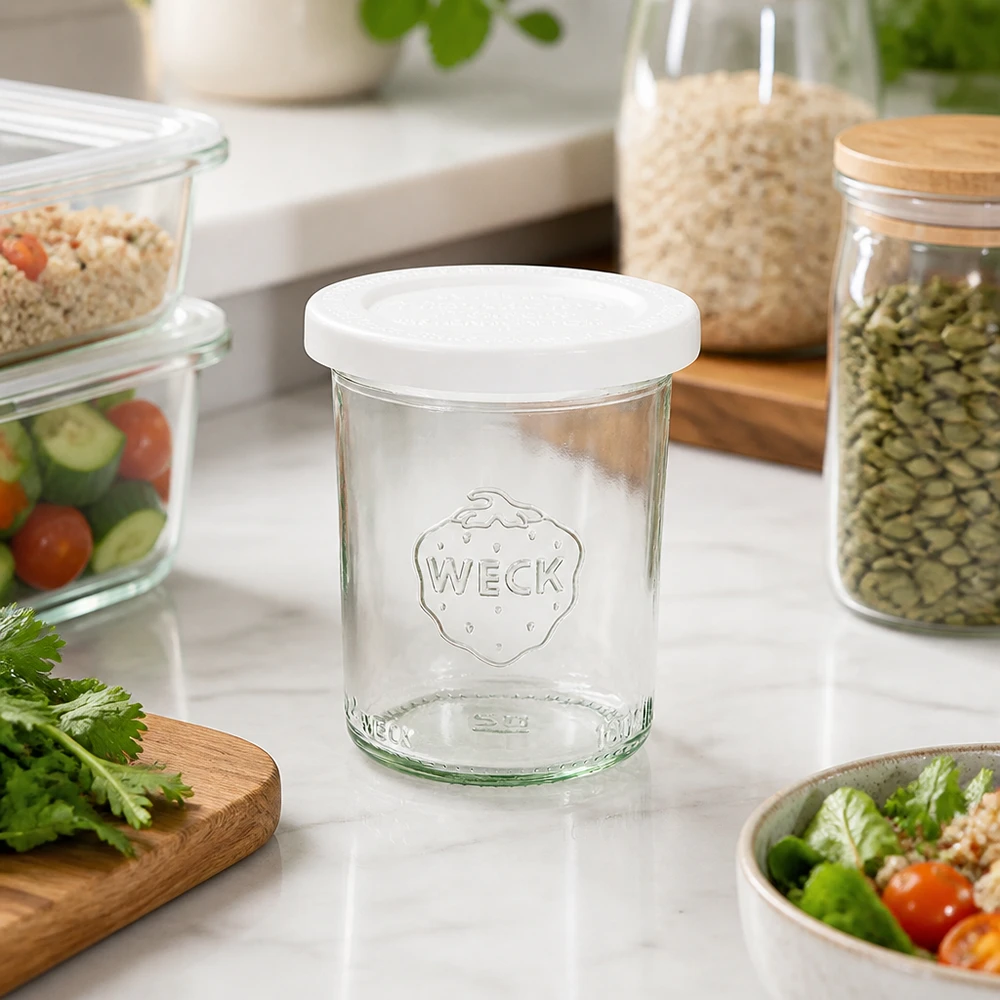 160 ml krukke med friskhedslåg WECK RR60 WECK 160 ml RR60-bægre i et moderne køkken med opbevaringsglas, salat og friske krydderurter - alsidig opbevaring