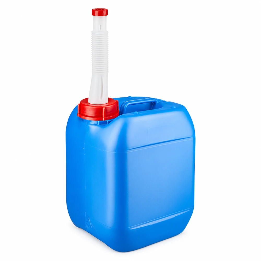 Blå 5-liters plastdunk med fleksibelt udløbsrør og rødt låg